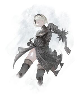 Rule 34 | 1girl, 2b (nier:automata), absurdres, black boots, black dress, black gloves, black hairband, blindfold, boots, breasts, cleavage cutout, closed mouth, clothing cutout, commentary request, cropped legs, dress, feather-trimmed sleeves, feet out of frame, gloves, grey hair, hairband, highres, juliet sleeves, long sleeves, mole, mole under mouth, nier:automata, nier (series), puffy sleeves, reiartdayo, short hair, solo, thigh boots, thighhighs, thighhighs under boots, turtleneck, turtleneck dress