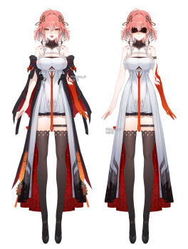 1girl absurdres bare_shoulders black_collar black_jacket black_shoes black_thighhighs blindfold body_markings braid breasts changli_(wuthering_waves) cleavage closed_mouth collar colored_extremities commentary_request dress facing_viewer hair_between_eyes hair_extensions hair_ornament highres jacket large_breasts long_legs looking_at_viewer multicolored_hair multiple_views open_mouth orange_eyes pink_hair red_hands reference_sheet ring_hair_extensions shibuya_(kurokamishain) shoes simple_background smile tacet_mark_(wuthering_waves) thigh_strap thighhighs thighs twin_braids two-tone_hair white_background white_dress white_hair wuthering_waves