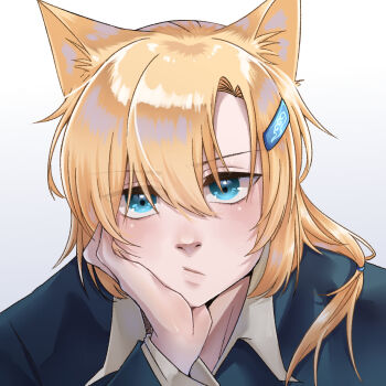 Rule 34 | 1boy, :/, animal ears, blonde hair, blue eyes, blue shirt, cat boy, cat ears, closed mouth, commentary, hair between eyes, hair ornament, hand on own cheek, hand on own face, head rest, kuraedo, long sleeves, looking at viewer, male focus, medium hair, nose, original, parted bangs, portrait, shirt, simple background, solo, white background