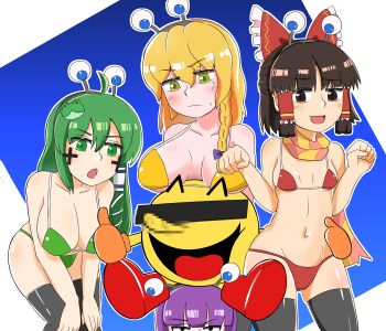 4girls absurdres ahoge antennae benikurage_(cookie) bikini black_thighhighs blonde_hair blue_background blush bow braid breasts censored censored_identity cleavage commentary_request cookie_(touhou) cross fake_antennae feet_out_of_frame frilled_bow frilled_hair_tubes frills frog_hair_ornament gomimaro green_bikini green_eyes green_hair hair_bow hair_ornament hair_tubes hakurei_reimu highres kirisame_marisa kochiya_sanae large_breasts long_hair looking_at_viewer mars_(cookie) mosaic_censoring multiple_girls navel open_mouth pac-man pac-man_(game) paseri_(cookie) patchouli_knowledge purple_hair red_bikini red_bow short_hair side_braid sidelocks single_braid single_hair_tube small_breasts smile swimsuit taisa_(cookie) thighhighs touhou white_background yellow_bikini