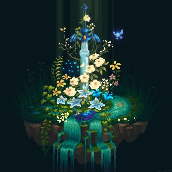 animated animated_gif blue_flower fairy floating_island flower grass highres instrument itzah lily_pad master_sword navi nintendo no_humans ocarina petals pixel_art plant planted planted_sword planted_weapon scenery silent_princess sword the_legend_of_zelda the_legend_of_zelda:_ocarina_of_time vines water waterfall weapon white_flower yellow_flower