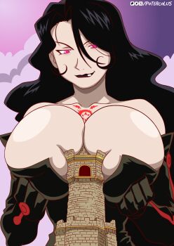 1girl bare_shoulders between_breasts breasts cleavage dress elbow_gloves female_focus fullmetal_alchemist giant giantess gloves glowing glowing_eyes highres huge_breasts lipstick long_hair looking_down lust_(fma) makeup off-shoulder_dress off_shoulder pink_eyes poter_colus solo tattoo