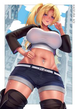 Rule 34 | 1girl, belt, black boots, black jacket, blonde hair, blue sky, boots, border, borrowed character, breasts, brick (atelier brick), candy, character name, chupa chups, cloud, collarbone, commentary request, commission, cowboy shot, crop top, cropped jacket, cross piercing, dark-skinned female, dark skin, day, denim, denim shorts, food, food in mouth, groin, gyaru, hair between eyes, hand on own hip, highres, jacket, large breasts, lollipop, long hair, long sleeves, looking at viewer, midriff, navel, navel piercing, open clothes, open jacket, open mouth, original, outdoors, parted bangs, piercing, pixiv commission, playing with own hair, purple eyes, shirt, short shorts, shorts, side ponytail, sidelocks, skindentation, sky, solo, standing, sweat, taut clothes, taut shirt, thigh boots, white belt, white border, white shirt, zipper