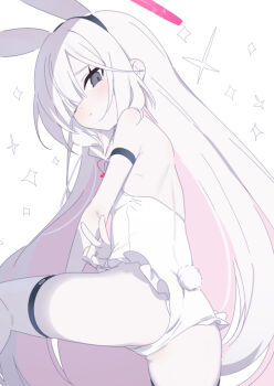 1girl alternate_costume animal_ears bare_back blue_archive braid colored_inner_hair elbow_gloves four-pointed_star from_behind gloves grey_eyes halo leg_wrap leotard loli long_hair looking_at_viewer looking_back multicolored_hair one_eye_covered pantyhose partially_visible_vulva plana_(blue_archive) rabbit_ears rabbit_tail red_halo sidelocks single_braid supershiruco tail thighs v very_long_hair white_background white_hair white_leotard white_pantyhose