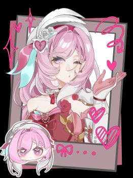 1girl absurdres beret black_background blowing_kiss breasts chinese_commentary cleavage commentary_request diamond-shaped_pupils diamond_(shape) dress elysia_(hi_love_elf)_(honkai_impact) elysia_(honkai_impact) gloves hat heart highres honkai_(series) honkai_impact_3rd large_breasts long_hair multicolored_hair pink_gloves pink_hair polaroid_photo purple_eyes red_dress solo symbol-shaped_pupils two-tone_hair very_long_hair white_hair yinan_de_lu_jiu