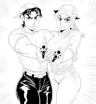 1boy 1girl belt braid breasts couple detnox erina_pendleton gun hat highres holding holding_gun holding_weapon jojo_no_kimyou_na_bouken jonathan_joestar long_hair looking_at_viewer medium_breasts monochrome muscular muscular_male pants phantom_blood shirt short_hair smile thighs weapon