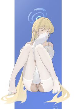 1girl absurdres aifankuendefeng ass bare_shoulders blonde_hair blue_archive blue_hair blue_nails chinese_commentary closed_eyes commentary_request covering_crotch covering_privates halo highres multicolored_hair pantyhose sitting sleeves_past_fingers sleeves_past_wrists solo streaked_hair toenails toki_(blue_archive) two-tone_hair white_pantyhose