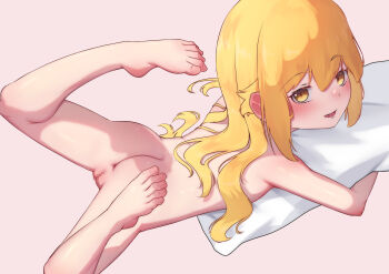 1girl absurdres ass bakemonogatari barefoot blonde_hair blush censored completely_nude feet highres hugging_object legs legs_up loli long_hair lying monogatari_(series) mosaic_censoring nude on_stomach open_mouth oshino_shinobu pillow pillow_hug pussy shinonome_yuki smile solo spread_legs thighs toes yellow_eyes