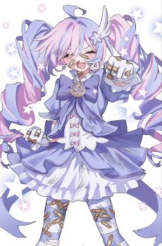 1girl ahoge back_bow bandaid bandaid_on_face bandaid_on_finger bandaid_on_hand blood blood_on_clothes blue_archive blue_hair blush bow clenched_hands closed_eyes dirty dirty_clothes facing_viewer gloves hair_between_eyes hair_ornament happy highres long_hair multicolored_hair nosebleed official_alternate_costume open_mouth pantyhose pink_hair puffy_short_sleeves puffy_sleeves reisa_(blue_archive) reisa_(magical)_(blue_archive) short_sleeves simple_background solo star_(symbol) striped_clothes striped_pantyhose too_many_bandaids twintails two-tone_hair very_long_hair white_background white_gloves wing_hair_ornament yuni_(_nx_xn9)