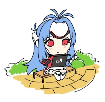 android blue_hair blush chibi cyborg elbow_gloves forehead_protector gloves joy-con kos-mos kos-mos_re: long_hair nintendo playing red_eyes shadow2810 solo switch xenoblade_chronicles_(series) xenoblade_chronicles_2 xenoblade_chronicles_(series) xenoblade_chronicles_2 xenosaga