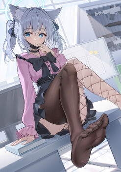1girl absurdres animal_ears assault_rifle black_skirt black_thighhighs blue_archive blue_eyes blue_halo blush breasts commentary desk fishnet_thighhighs fishnets grey_hair gun hair_between_eyes halo highres indoors jirai_kei li_se looking_at_viewer mask mask_pull mismatched_thighhighs monitor mouth_mask on_desk over-kneehighs pantyhose parted_lips pink_shirt rifle shiroko_(blue_archive) shirt sitting skirt small_breasts soles thighhighs toes twintails weapon