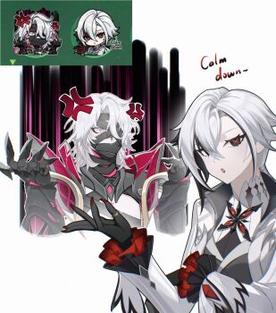 1boy 1girl :o anger_vein arlecchino_(genshin_impact) bandage_over_one_eye bandaged_chest bandaged_head bandaged_torso bandages bandages_over_mouth big_itachi black_bandages black_eyes black_hair black_hands clawed_gauntlets colored_extremities commentary constricted_pupils english_commentary english_text fingernails frilled_sleeves frills gauntlets genshin_impact genshin_impact_sticker_redraw_(meme) grey_vest hair_between_eyes hands_up jacket jewelry long_fingernails long_sleeves medium_hair meme multicolored_hair open_mouth pink_eyes red_nails red_pupils rerir_(genshin_impact) ring streaked_hair symbol-shaped_pupils two-tone_hair vest white_background white_hair white_jacket x-shaped_pupils