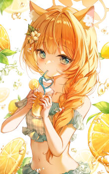 1girl absurdres alternate_costume animal_ear_fluff animal_ears bare_shoulders bikini blue_archive blue_bikini blue_eyes blush braid cat_ears cat_girl commentary drink drinking_straw drinking_straw_in_mouth flower gyom_i hair_flower hair_ornament hair_over_shoulder halo highres holding holding_drink long_hair looking_at_viewer mari_(blue_archive) navel off-shoulder_bikini off_shoulder orange_hair plaid_bikini plaid_clothes single_braid solo stomach swimsuit untranslatable_commentary white_flower yellow_halo