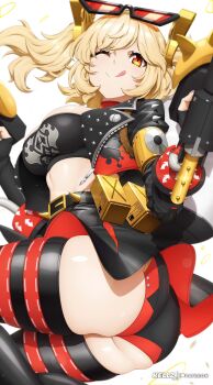 Rule 34 | 1girl, absurdres, ass, black jacket, black skirt, black thighhighs, black tube top, blonde hair, breasts, burnice white, cleavage, commentary, crop top, eyewear on head, flamethrower, highres, holding, holding flamethrower, holding weapon, jacket, kellzallday, large breasts, orange-tinted eyewear, propane tank, red eyes, shorts, shorts under skirt, skirt, smile, solo, spiked belt, strapless, sunglasses, thighhighs, tinted eyewear, tongue, tongue out, tube top, twintails, weapon, zenless zone zero