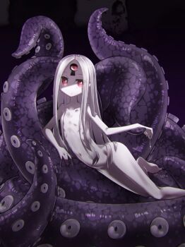 1girl abigail_williams_(fate) abigail_williams_(third_ascension)_(fate) breasts colored_skin completely_nude fate/grand_order fate_(series) forehead highres key keyhole loli long_hair looking_at_viewer navel nude octopus_girl parted_bangs red_eyes small_breasts solo tentacles thighs third_eye white_hair white_skin yubeshi_(zecxl)