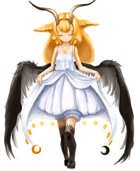 Rule 34 | 1girl, blonde hair, closed eyes, curtsey, dress, female focus, hair tubes, highres, hooves, horns, long hair, md5 mismatch, mizutsu, monster girl, original, sidelocks, simple background, skirt hold, smile, solo, white background, white dress, wings