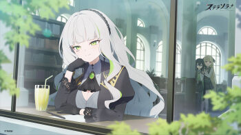 angcha black_dress black_hair black_skirt blonde_hair breasts cleavage cleavage_cutout clothing_cutout commentary_request dress firenze_(stella_sora) green_eyes green_streaks grey_hair grey_shirt hairband highres long_hair multicolored_hair multiple_girls official_art ruby_(stella_sora) sapphire_(stella_sora) shirt skirt stella_sora