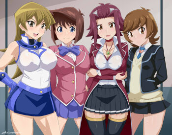 4girls bar_censor blonde_hair blue_eyes breasts brown_hair censored chicago-x izayoi_aki large_breasts long_hair looking_at_viewer mazaki_anzu multiple_girls pleated_skirt red_hair school_uniform short_hair skirt small_breasts tenjouin_asuka yu-gi-oh! zaizen_aoi