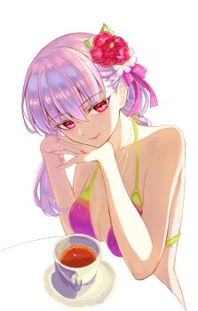 1girl bikini breasts cleavage commentary cup fate/grand_order fate_(series) flower hair_between_eyes hair_flower hair_ornament head_rest highres kama_(fate) kama_(second_ascension)_(fate) kama_(swimsuit_avenger)_(second_ascension)_(fate) kama_(teenager)_(fate) kaworu13 large_breasts looking_at_viewer multicolored_bikini own_hands_together red_eyes smile solo swimsuit symbol-only_commentary teacup white_hair