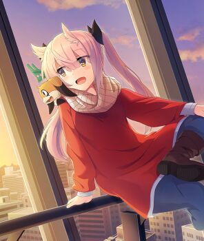 1girl black_boots black_bow blue_pants blush boots bow brown_scarf building cityscape cloud creature creature_on_shoulder dutch_angle evening game_cg gradient_sky hair_bow hair_horns hand_on_own_knee indoors long_sleeves looking_to_the_side mashiko_kaoru nene_(toji_no_miko) official_art on_railing on_shoulder pants purple_sky railing red_shirt scarf shirt sitting sky third-party_source toji_no_miko toji_no_miko:_kizamishi_issen_no_tomoshibi twintails window yellow_sky
