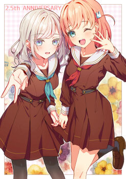 Rule 34 | 2girls, ;d, aqua eyes, aqua neckerchief, blush, breasts, brown dress, ceras yanagida lilienfeld, commentary, dress, finger counting, finger counting duo, floral background, foreshortening, gingham background, grey hair, gyaru v, hair ornament, hair ribbon, hasu no sora school uniform, highres, hinoshita kaho, konorua511, link! like! love live!, long hair, long sleeves, looking at viewer, love live!, medium breasts, medium hair, multiple girls, neckerchief, one eye closed, open hand, open mouth, orange hair, pink ribbon, pleated dress, rabbit hair ornament, red neckerchief, ribbon, sailor collar, sailor dress, school uniform, short dress, smile, two side up, v, virtual youtuber, white sailor collar, winter uniform