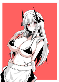 1girl absurdres alternate_costume apron arknights bikini blush border breasts choebal1356201 cleavage commentary_request cowboy_shot enmaided frilled_bikini frills gloves groin hair_ornament highres large_breasts long_hair looking_at_viewer maid maid_bikini material_growth mudrock_(arknights) navel oripathy_lesion_(arknights) outside_border raised_inner_eyebrows red_background red_eyes simple_background solo swimsuit unconventional_maid upper_body waist_apron white_border white_gloves white_hair