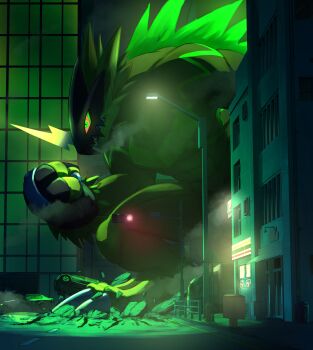 1boy abs absurdres artist_request bulkmon car digimon digimon_(creature) fingernails giant highres horn kubota_keita looking_to_the_side mask motor_vehicle muscular muscular_male night open_mouth sharp_fingernails sharp_teeth simple_background solo stomping teeth