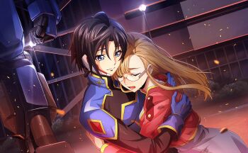 1boy 1girl artist_request black_hair black_jacket blue_eyes bodysuit breasts clarice_garfield closed_eyes closed_mouth code_geass code_geass:_lost_stories crying game_cg glass highres jacket large_breasts long_hair mario_disel military_uniform non-web_source official_art open_mouth pink_shirt shirt short_hair sidelocks smile