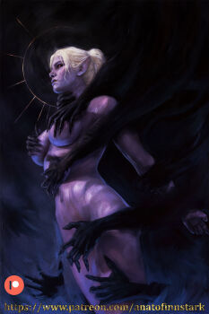 Rule 34 | 1girl, anato finnstark, baldur's gate, baldur's gate 3, breasts, colored skin, darkness, disembodied hand, dungeons & dragons, dungeons &amp; dragons, grabbing another's breast, groping, halo, highres, large breasts, minthara, pointy ears, purple skin, realistic, red eyes, solo, white hair