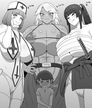1boy 3girls :d abs age_difference areola_slip armor belt bikini_armor blush body_blush breast_curtains breasts bright_pupils cameltoe chest_sarashi cleavage cross dark-skinned_female dark_skin dot_nose femdom frown hand_on_own_face hand_on_own_hip hime_cut huge_breasts imminent_penetration katana level_difference long_hair looking_at_another looking_down micro_bikini_top monochrome multiple_girls muscular muscular_female naughty_face nervous nun onee-shota open_mouth panties ponytail revealing_clothes sarashi shiny_clothes shiny_skin short_hair shota size_difference smile standing sword thighhighs underboob underwear weapon white_pupils yagi_no_yama you_gonna_get_raped