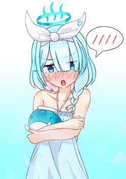 1girl :o alternate_costume arona_(blue_archive) bare_shoulders blue_archive blue_background blue_dress blue_eyes blue_hair blue_halo blush braid collarbone dress eyes_visible_through_hair gradient_background hair_between_eyes hair_over_one_eye halo holding holding_stuffed_toy loli looking_at_viewer medium_hair multicolored_hair no_nose one-piece_dress onsen_symbol open_mouth pink_hair ribbon shibuya_susano simple_background single_braid solo spoken_blush stuffed_animal stuffed_toy towel towel_on_head upper_body whale white_ribbon