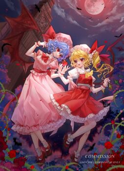 Rule 34 | 2girls, 80isiiii, absurdres, ascot, bat (animal), bat wings, blonde hair, blue hair, brooch, clock, clock tower, commission, crystal, crystal wings, flandre scarlet, frilled skirt, frills, full body, full moon, hat, hat ribbon, highres, jewelry, mary janes, mob cap, moon, multicolored wings, multiple girls, night, one side up, pink hat, plant, pointy ears, puffy short sleeves, puffy sleeves, red ascot, red eyes, red moon, red shoes, red skirt, red vest, remilia scarlet, ribbon, shoes, short hair, short sleeves, siblings, sisters, skirt, skirt set, sky, socks, touhou, tower, twitter username, vest, vines, watermark, white hat, white socks, wings, wrist cuffs, yellow ascot
