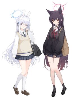 2girls absurdres alternate_costume animal_ear_fluff animal_ear_hairband animal_ears bag black_bag black_cardigan black_choker black_hair black_necktie black_shoes black_skirt black_socks blue_archive blue_halo brown_bag brown_shoes cardigan choker closed_mouth collared_shirt colored_tips commentary diagonal-striped_clothes diagonal-striped_necktie fake_animal_ears fox_ears fox_girl gradient_hair grey_skirt hair_between_eyes hairband halo highres holding holding_bag kneehighs long_hair long_sleeves looking_at_viewer miyako_(blue_archive) multicolored_hair multiple_girls nammmmer necktie pink_halo pleated_skirt purple_eyes rabbit_ear_hairband rabbit_ears red_eyes red_hair red_ribbon ribbon shirt shoes skirt smile socks striped_clothes sweater_vest two-tone_hair white_hairband white_shirt white_socks yellow_sweater_vest yukino_(blue_archive)