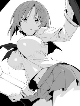 1girl :o breasts commentary_request girls_und_panzer greyscale henyaan_(oreizm) highres large_breasts looking_at_viewer midriff monochrome navel nishizumi_miho ooarai_school_uniform pleated_skirt school_uniform short_hair skirt solo white_background