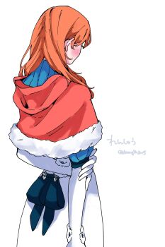 1girl annette_fantine_dominic annette_fantine_dominic_(timeskip) artist_name blush capelet commentary_request elbow_gloves fire_emblem fire_emblem:_three_houses from_behind fur-trimmed_capelet fur_trim gloves highres komugiko_jiro13 long_hair nintendo orange_hair red_capelet solo standing twitter_username white_background white_gloves
