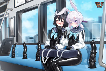 2girls absurdres animal_ear_fluff animal_ears bag black_hair blue_neckerchief blush bodysuit breasts change_in_common_sense dildo dildo_riding grey_hair highres impossible_bodysuit impossible_clothes latex latex_bodysuit long_hair maguro27 medium_breasts medium_hair multiple_girls neckerchief open_mouth original phone purple_eyes sailor_collar sex_toy shrug_(clothing) sitting skin_tight train