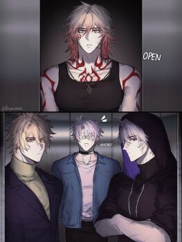 4boys antenna_hair arm_tattoo avyarenne black_choker black_hoodie black_jacket black_tank_top blonde_hair blue_eyes blue_shirt braid chest_tattoo choker crossed_arms facial_tattoo flame_reaver_of_the_deepest_dark gradient_hair hair_between_eyes hashtag-only_commentary highres honkai:_star_rail honkai_(series) hood hood_up hoodie jacket male_focus medium_hair multicolored_hair multiple_boys multiple_persona mydei_(honkai:_star_rail) open_clothes open_shirt parted_bangs phainon_(honkai:_star_rail) phainon_(khaslana)_(honkai:_star_rail) red_hair red_tattoo shirt short_hair side_braid sweater tank_top tattoo white_hair white_shirt yellow_eyes yellow_sweater