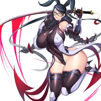 1girl alternate_breast_size_(larger) ass bayonetta bayonetta_(series) bayonetta_3 braid braided_twintails breasts cosplay covered_erect_nipples curvy elbow_gloves female_focus glasses gloves gurimjang high_heels highleg highleg_leotard highres huge_ass huge_breasts leotard long_hair looking_at_viewer mature_female mizuki_shiranui rabbit_ears skindentation solo sword taimanin_(series) taimanin_suit thick_thighs thighhighs thighs twin_braids weapon wide_hips