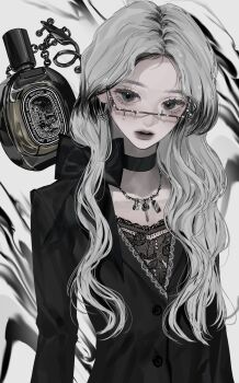1girl black_choker black_hair black_jacket black_roots bottle choker grey_eyes grey_hair highres jacket jewelry key key_necklace kirochy long_sleeves necklace original partially_unbuttoned perfume_(cosmetics) perfume_bottle simple_background solo