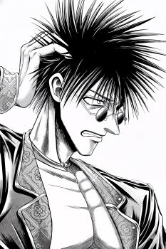 1boy angry black_hair glasses jacket looking_to_the_side open_mouth shuumatsu_no_valkyrie upper_body white_background wukong_sun_(shuumatsu_no_valkyrie)