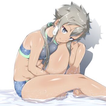 1girl bikini blue_bikini blue_eyes closed_mouth commentary_request dark-skinned_female dark_skin earrings eyelashes full_body grey_hair highres jewelry kohagura_natsume masabou shadow shiny_skin simple_background sitting solo swimsuit water wet white_background yuuki_yuuna_wa_yuusha_de_aru yuuki_yuuna_wa_yuusha_de_aru:_hanayui_no_kirameki yuusha_de_aru