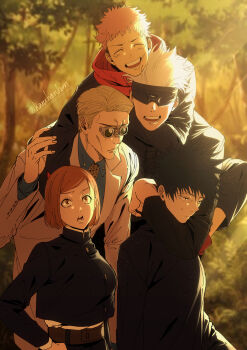 1girl 4boys :d ^_^ absurdres arm_around_shoulder belt black_eyes black_hair black_jacket blindfold blonde_hair blue_shirt brown_belt brown_hair brown_necktie closed_eyes closed_mouth collared_shirt commentary_request covered_eyes dress_shirt facing_viewer forest formal_clothes fushiguro_megumi gakuran gojo_satoru hand_on_own_hip hand_up haru_(inamura4) headlock highres hood hood_down hoodie itadori_yuji jacket jujutsu_kaisen jujutsu_tech_uniform kugisaki_nobara light_blush long_sleeves looking_up multiple_boys nanami_kento nature necktie open_mouth outdoors red_hoodie round_eyewear school_uniform shirt short_hair smile spiked_hair standing suit sunglasses sweatdrop swept_bangs tall_hair teacher_and_student teeth tree twilight twitter_username upper_body upper_teeth_only white_hair white_jacket white_suit