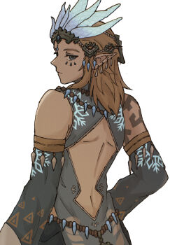 1boy backless_outfit bare_shoulders blonde_hair blue_sleeves commentary_request detached_sleeves earrings facial_mark from_behind frostbite_set_(zelda) highres horns jewelry link long_hair looking_at_viewer looking_back male_focus nikohakaeritai nintendo official_alternate_costume pointy_ears solo the_legend_of_zelda the_legend_of_zelda:_tears_of_the_kingdom upper_body white_background