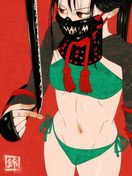 1girl absurdres armor balancing_on_finger black_hair breasts cowboy_shot fine_art_parody highres inkan japanese_armor katana long_hair looking_to_the_side menpoo navel nihonga original panties parody ponytail red_background red_eyes sei5osuzuki side-tie_panties small_breasts sword underwear weapon