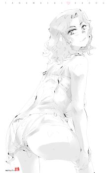 1girl amagami ass babydoll bow bow_panties bra character_name closed_mouth commentary_request cowboy_shot curly_hair from_behind greyscale highres knee_up leaning_forward looking_at_viewer looking_back medium_hair messy_hair mike156 monochrome o-ring o-ring_bottom o-ring_panties panties parted_bangs see-through_babydoll see-through_clothes signature simple_background sketch solo string_panties tanamachi_kaoru underwear wavy_hair white_background