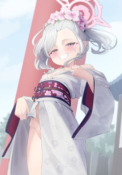 1girl absurdres blue_archive commentary flower grin hair_flower hair_ornament halo highres japanese_clothes kimono loli looking_at_viewer mutsuki_(blue_archive) no_panties obi purple_eyes sash shizuki_eri smile solo variant_set white_kimono wide_sleeves