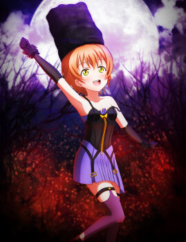 1girl artist_name artist_request bare_shoulders black_gloves black_headwear blush breasts cloud code_vein collarbone dress elbow_gloves female_focus gloves green_eyes hair_between_eyes highres hoshizora_rin looking_at_viewer love_live! love_live!_school_idol_project moon night orange_hair outdoors parted_lips purple_dress purple_legwear purple_skirt rojokyd short_hair skirt sky small_breasts smile solo standing standing_on_one_leg striped_clothes striped_skirt tree vertical-striped_clothes vertical-striped_skirt yellow_eyes