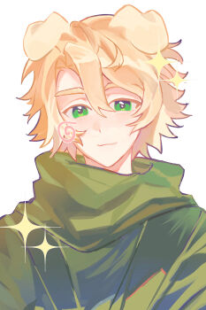 Rule 34 | 1boy, :3, animal ears, animification, blonde hair, blush stickers, chinese commentary, closed mouth, colored eyelashes, commentary request, dog boy, dog ears, green eyes, green scarf, hair between eyes, highres, kemonomimi mode, lloyd garmadon, looking at viewer, male focus, ninjago, sanli122, scarf, short hair, simple background, single blush sticker, smile, solo, sparkle, upper body, white background