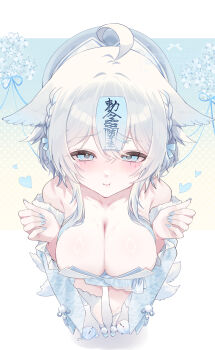 1girl ahoge animal asymmetrical_legwear bird blue_dress blue_eyes blue_hat blue_nails blue_sandals blush braid breasts cleavage closed_mouth commentary_request crossed_bangs double-parted_bangs dress fingernails from_above full_body hair_between_eyes hands_up hat heart heart_in_eye highres large_breasts long_hair looking_at_viewer nail_polish ofuda ofuda_on_head original pout raised_inner_eyebrows sandals single_sock single_thighhigh slime_(creature) socks solo standing sweat symbol_in_eye tearing_up thighhighs white_hair white_socks white_thighhighs yu_o015