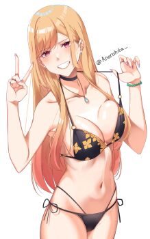 1girl anarahita armpits bare_shoulders bikini bikini_pull bikini_top_pull black_choker blonde_hair blush breasts choker cleavage clothes_pull collarbone commentary cowboy_shot english_commentary gyaru highres jewelry kitagawa_marin large_breasts legs long_hair multicolored_eyes navel o-ring parted_bangs pendant pink_eyes side-tie_bikini_bottom simple_background solo sono_bisque_doll_wa_koi_wo_suru swimsuit thighs upper_body v white_background